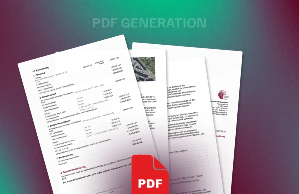 Mehrseitiges Baumgutachten als PDF mit Berechnung zur Gehölzwertermittlung