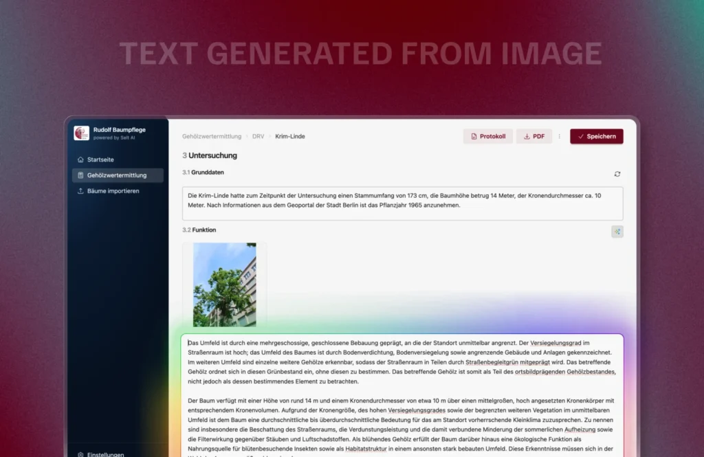 Digitale Plattform erstellt einen Textentwurf für die Beschreibung einer Krim-Linde im Baumgutachten