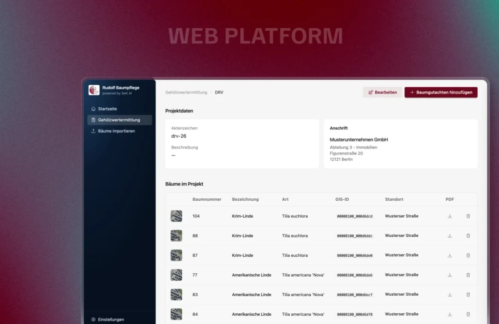 Webplattform für Gehölzwertermittlung mit Projektübersicht und mehreren Baumdaten